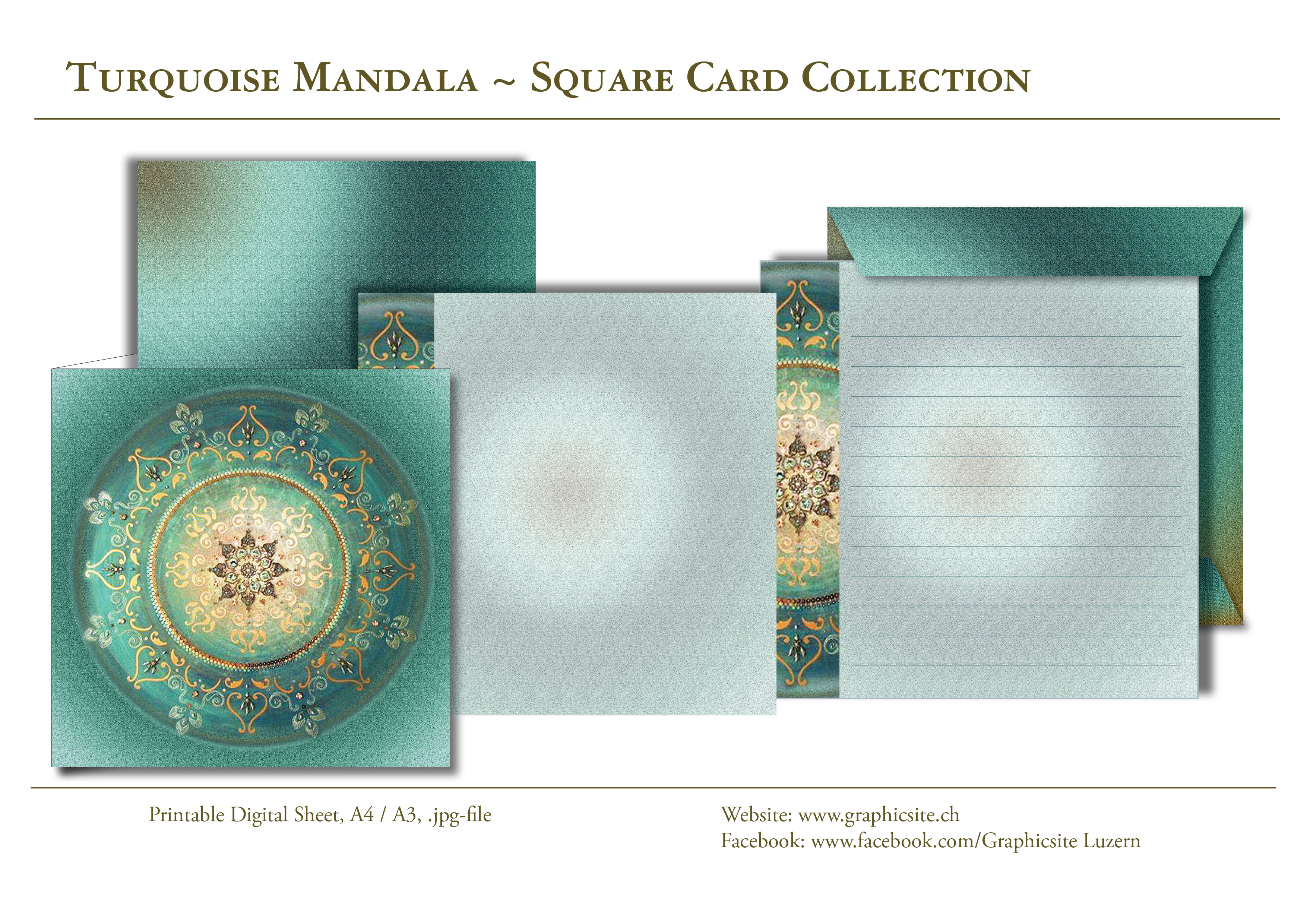 Printable Digital Sheets - Card Collection, Mandala, Scrapbooking, Cardmaking, turquoise, Mandala, Yoga,